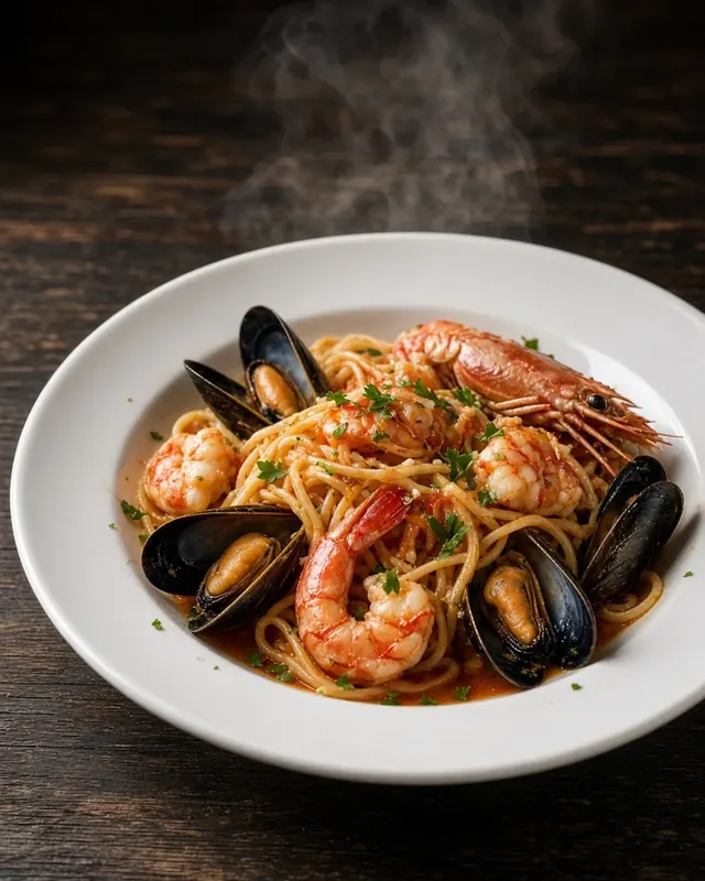 Pasta di mare med scampi, blåskjell og tigerreker